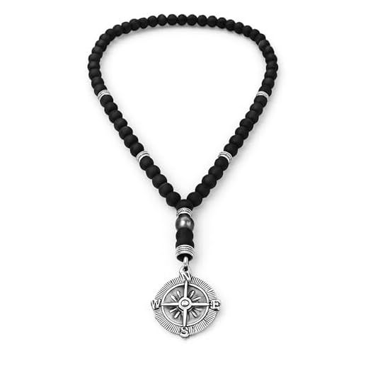 Davaco Collar Mala de Obsidiana Negra Unisex con Colgante de Brújula Cuentas Naturales Artesanales Joyería Espiritual para Meditación Mindfulness y Protección Energética