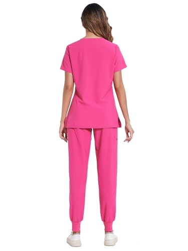 COZYFIT Scrubs for Women Set - Stretch V-Neck Scrub Top & Jogger Pant with 8 Pockets, Yoga Waistband, Anti Wrinkle, Slim Fit Women Scrubs - Hot Pink, M - Thumbnail 2