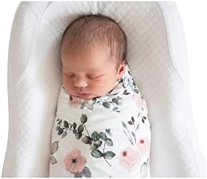 Vollmic Newborn Baby Girl Receiving Blanket Swaddle Blanket Stretchy Knit Swaddle Set with Matching Headband (Pink&Green)