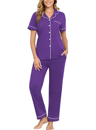 Image of Veseacky 100% Cotton Pajamas for Women Set Short Sleeve Button Down Sleepwear Soft 2 Piece Summer Pjs Lounge Sets S-XXL