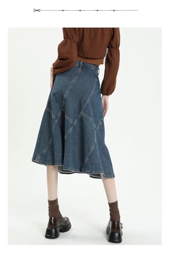 utcoco Women's High Waist Long Denim Skirt Stitch Ruffle Swing A-Line Jean Midi Skirt with Pockets2