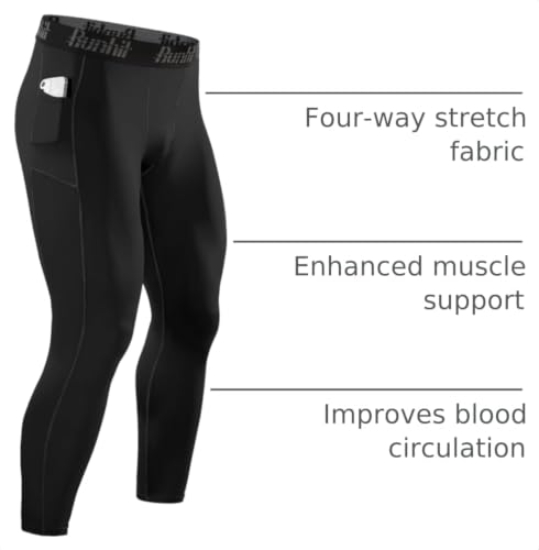 Image of Runhit Mens Compression Pants Running Tights Pockets Sports Leggings Spandex Workout Cycling Athletic Thermal