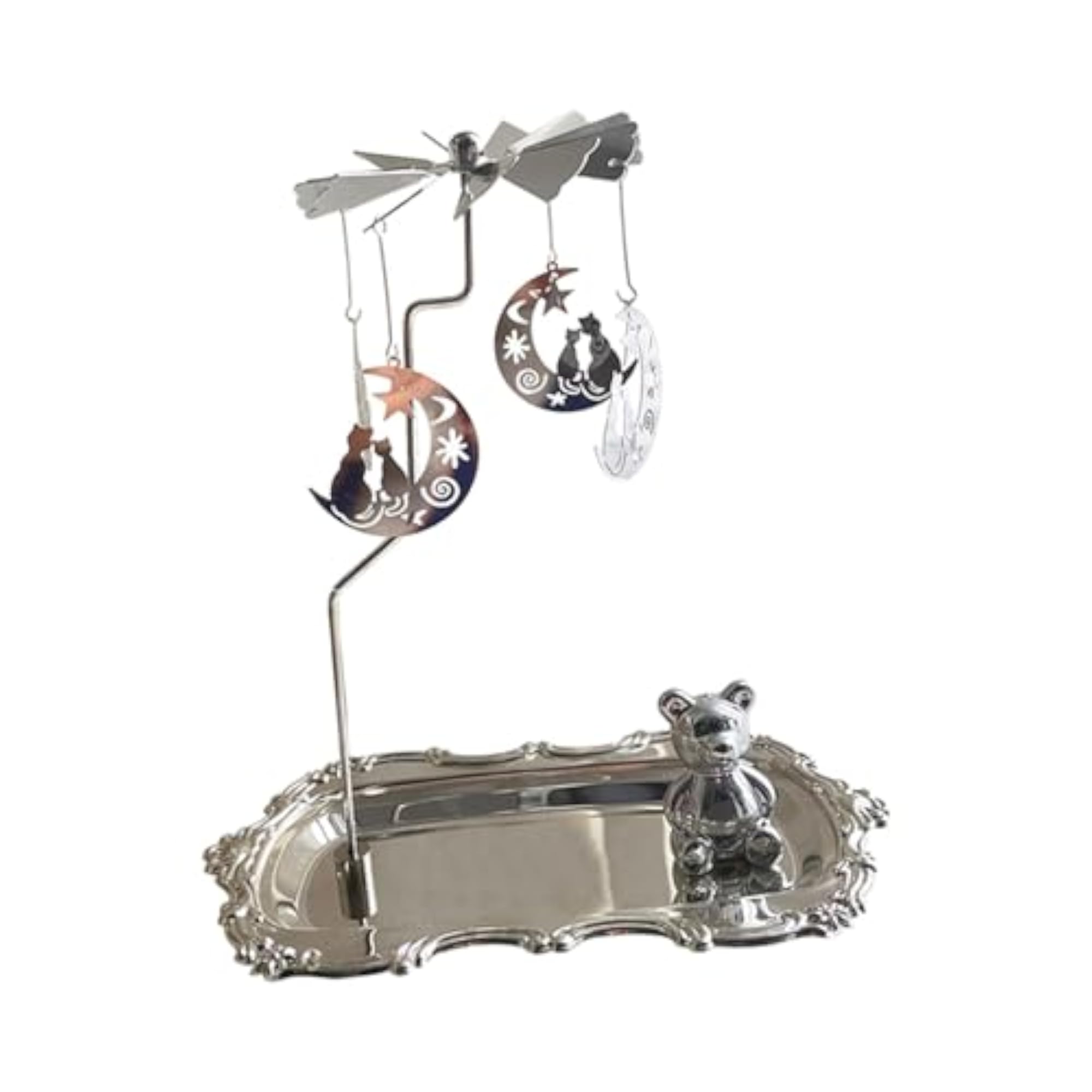 Rotating Candle Holder with Tray, Silver Cat Design