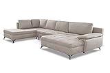 CAVADORE Wohnlandschaft Lina / Große Sofalandschaft mit Schlaffunktion, Bettkasten, XL-Longchair und Steppung im Sitz / 346 x 85 x 201 / Mikrofaser: Beige