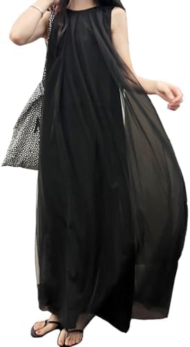 Women's Summer Sleeveless Long Chiffon Dress, Body Shape Coverage, Solid Color, Large Size, Length 120cm, Crew Neck, Lightweight, Slimming, Fashionable, Elegant, Super Loose, Perfect for