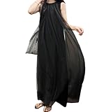 [SIPERLARI] ノースリーブ ロングワンピース レディース, シフォン, 体型カバー, 無地, 大きいサイズ, 着丈120cm, クルーネック, 薄手, 着痩せ, お洒落, 大人, スーパールース, エレガント, デート, デイリー, 雑誌風, 黒, 白 (F, ブラック)