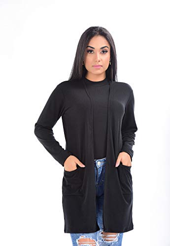 Maxi Cardigan Adamas Canelado Preto Cor:Preto;Tamanho:G