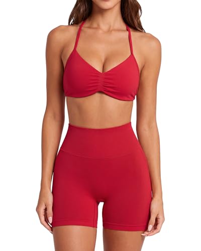 SUUKSESS Women 2 Piece Workout Sets Halter Neck Padded Sports Bra Seamless Hidden Scrunch Hip Lifting Biker Shorts (Red, S)