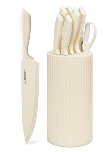 NULAS Knife Set, 8-Piece Kitchen Knife Set with Universal Block - Anti-Rust Chef Knives, Ergonomic Design, Dishwasher Safe (Cream)