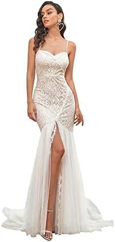 Ever-Pretty Women Sleeveless V Neck Lace Applique Bodycon Mermaid Wedding Dress White US4