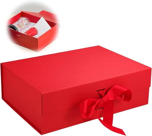 Coffret cadeau avec nœud, boîte cadeau magnétique avec couvercle, rouge. pour anniversaires, Saint-Valentin et Noël