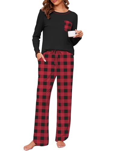 Namatime Damen Schlafanzug Lang Pyjama Set Winter Kariert Schlafanzüg Baumwolle Weihnachts-Pyjama Zweiteiliger Sleepwear Soft Loungewear mit...