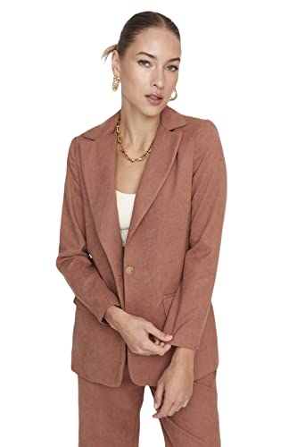 Trendyol Abrigo Blazer Tejido Liso de Doble Botonadura Regular para Mujer, marrón Claro, 36