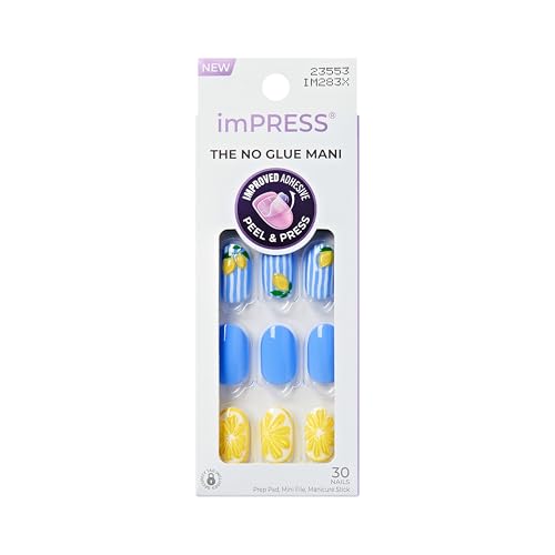 Kiss Impress No Glue Mani Press On Nails Design Cherie Blue Medium Size Oval Shape Includes 30 Nails Prep Pad 1 Manicure Stick 1 Mini File