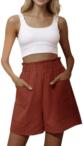 Womens 2025 New Casual Elastic Waist Comfy Plus Size Shorts Wide Leg Bermuda Lightweight Summer Shorts with Pockets Red S