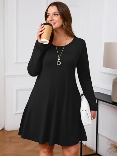 Image of AusLook Women's Plus Midi Dress Long Sleeve Crew Neck A-Line Swing Flowy Vacation Fall Wedding Guest Dresses with Pocket 1-5X