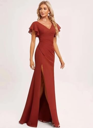 Image of Womens Elegant Bridesmaid Dresses Long with Ruffles Empire Waist Pleated V Neck Dusty Sage Formal Dress for Wedding with Slit US Size 8