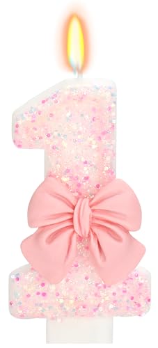 ElekFX Birthday Candle for Cake 1 Candle - Pink Glitter with Bowknot 2.76 inch Happy Birthday Candle Cake Topper Decoration for 1 Year Old Birthday Party (Number 1)