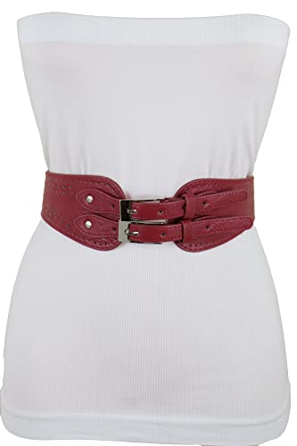 Women Fashion Stretch Belt Waist Hip Silver Metal Double Buckle Faux Leather Fit Size S M Red Color2