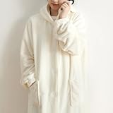 [WAYSHOME] 着る毛布 男女兼用 Mサイズ ルームウェア 暖かい 着るブランケット かいまき 部屋着 パジャマ ガウン フード付き ボタン付き ポケット付き リブ袖 フランネル ふわふわ 吸湿発熱 静電気防止 春用 秋冬 洗える レディース メンズ (M-着丈110cm，ホワイト)