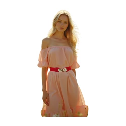 Women Stylish Coral Color Elastic Waistband Belt Hip Waist Gold Metal Eye Buckle S M z2353