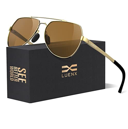 LUENX Men Women Aviator Sunglasses Polarized Shades Flexible Spring Hinge - Brown Lens Gold Metal Frame Large 60mm
