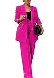 Tcremisa Pants Suits for Women Dressy 2 Piece Business Casual Outfits Double Breasted Blazer Wide Leg Pants Set Office Work Rose
