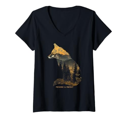 Womens Fox Forest Protect Preserve Hiking Camping Nature Lover V-Neck T-Shirt