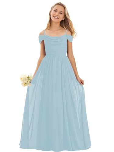 Off Shoulder Junior Bridesmaid Dresses for Wedding Teen Girls Pleated Long Chiffon Flower Girl Dress Pageant Gown