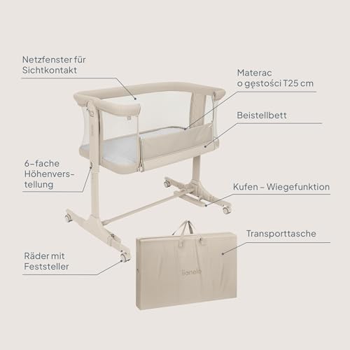 Lionelo Pari Beistellbett 3in1, 6-Fach höhenverstellbar mit Neigungsverstellung für Boxspringbett, als Wiege & Babybett, Netzseiten, Rollen mit Bremse, Matratze, Gurte, Transporttasche, 84 x 48 cm