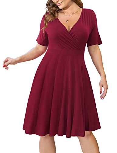 Image of Ahlaray Plus Size Faux Wrap Dress for Curvy Women with Pockets | Flattering faux wrap V-neck with soft stretch fabric and pockets for work, weddings and everyday comfort.