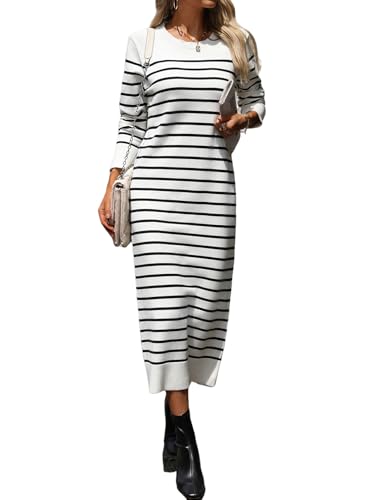 Image of Long Sweater Dress for Women Loose Knitwear Striped Long Dresses Stylish Autumn and Winter Outfits