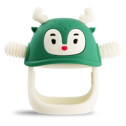 Image of Smily Mia Never Drop Reindeer Silicone Baby Chewing Toy for 3M+ Infants, Easy to Hold Teething Miteen with Soft Textures for Sensory Exploration and Teething Pain Relief-Pine Green