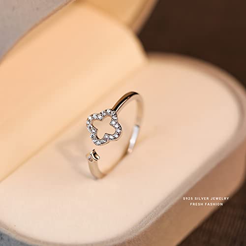Hollow Four Leaf Clover Stacking Ring 925 Sterling Silver Crystal Cubic Zirconia Cross Open Adjustable Statement Knuckle Finger Rings Promise Eternity Bands Dainty Jewelry Gifts for Women4