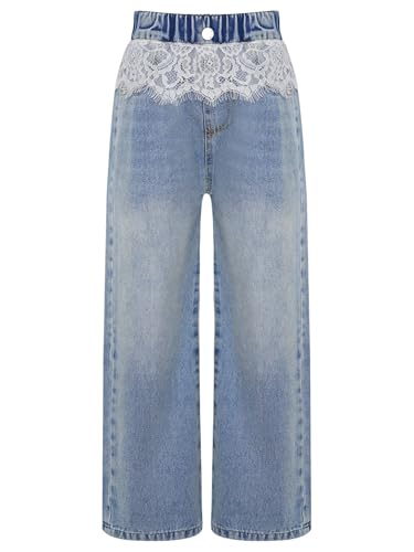 Aislor Kids Girls Baggy Vintage Denim Trousers Lace Wide Leg Denim Jeans Elastic Waist Casual Denim Pants Bottoms3