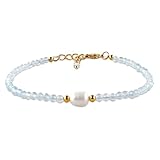 InfinityGemsArt Blue Aquamarine Gold Bracelet For Women, March Birthstone Natural Chakra Healing Crystals Stone With Freshwater Pearl Beaded Jewelry, Gold Plated Chain 8 Inch, Gifts For Her