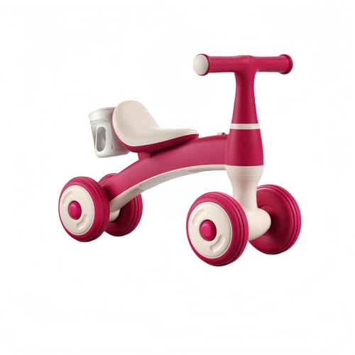 子供用キックバイク・四輪デザインで | 1-3歳向け・歩行練習/乗り物おもちゃ | ペダル無し・超軽量・転倒防止構造 | 幼児用かわいいデザイン・誕生日/出産祝いギフト (ミュージックライト+カップホルダー付き,ローズレッド)