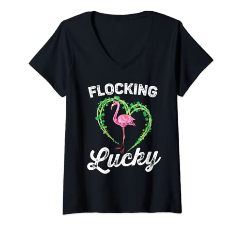 Donna Funny St Paddy's Day Shirt for Women Flamingo Flocking Lucky Maglietta con Collo a V