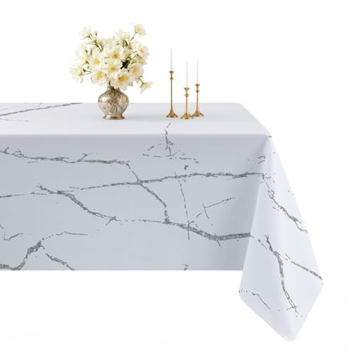 Arwllzz Nappe Rectangulaire Anti Tache Effet Lin 100 x 140 cm Lavable Marbre Imprimé Blanc Nappe Blanche pour Salle à Manger Jardin fête Mariage Cuisine...