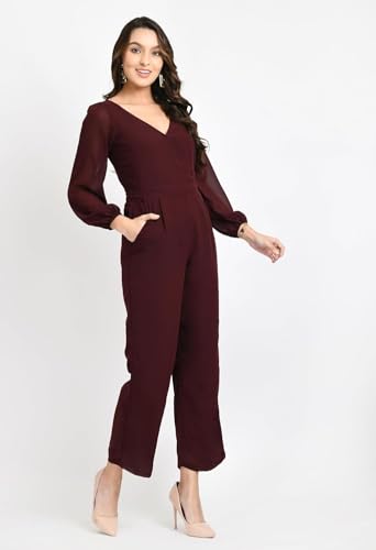 Image of V&M Women's Black V-Neck Jumpsuit | Full Sleeve Straight-Leg One-Piece with Side Pockets | Elegant Western for Office, Party & Evening Outfits