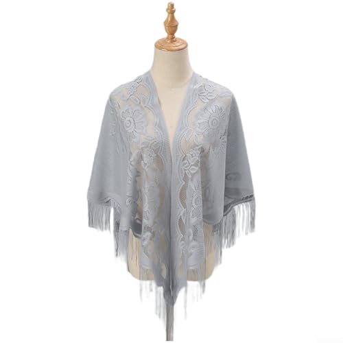 Atmungsaktiver Damen-Dreieckstuch aus Polyester-Spitze mit durchbrochenem Muster und Quasten-Details, geeignet für den Einsatz als Schal oder Wickel-Accessoire (grau)