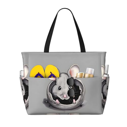 Grey rat Large capacity beach bag with zipper, perfect for grocery bag pool gym travel shopping foldable beach travel bag,