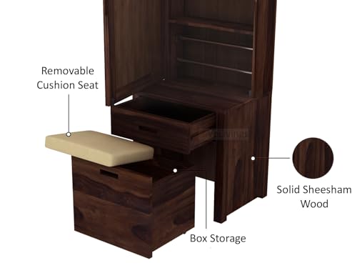 Image of VeLivings Solid Wood Wooden Dressing Table for Bedroom with Drawer, Mirror and Large Storage Space with Stool | Long Dresser Table with Mirror (Walnut Finish)