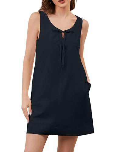 Image of Women Casual Tunic Tank Sundress Sleeveless A-Line Bow Mini Dresses Summer Shift Dress with Pockets Beach Short Dress Black
