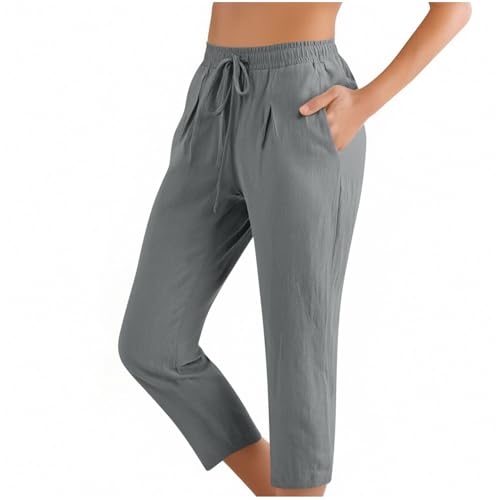 Image of ABABC Linen Capri Pants for Women Casual Straight Wide Leg Capri Pant Loose Lightweight Drawstring Beach Cropped Trousers