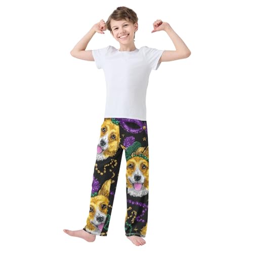 Corgi Dog Mardi Gras Beads Boys Long Pants Soft Trousers Elastic Waist Kids Lounge Bottoms with Pockets S-XL3