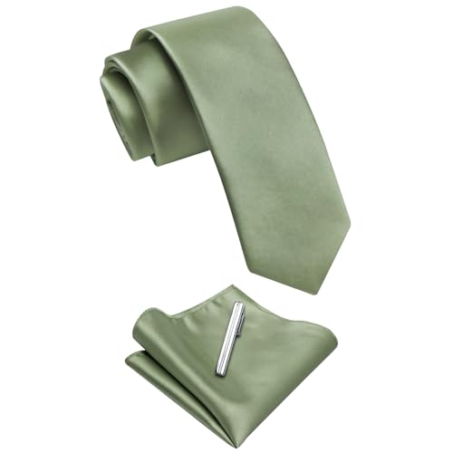 Image of YourTies Skinny Ties for Men Satin 2.4 inch Slim Necktie with Pocket Square Tie Clip Set Solid Color Wedding Party Business