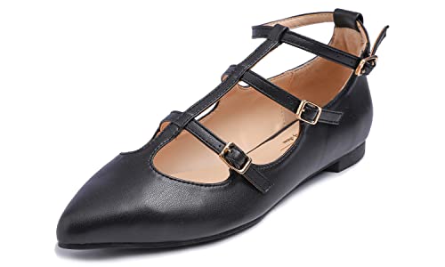 FEVERSOLE Women's Pointed Mary Jane Shoes Fashion Strap Buckle Slip On Flats