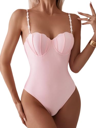 Women's Swim Solid Color High Cut Push Up One-Piece Camisole Bikinis Swimsuit Beachwear Bathing Suit for Women