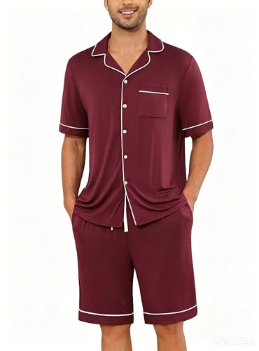 Image of Veseacky Men's Button Down Pajama Set Short Sleeve Shorts Modal Soft Sleepwear Loungewear Pjs with Pockets S-XXL